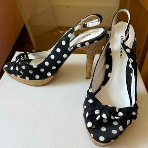 Black and White Polka Dot Sling Back Cork Heels
